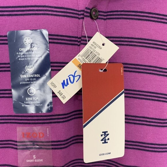 IZOD Men’s Small Purple Black Striped Windward Cool Polo UPF 15 Shirt - Picture 7 of 10